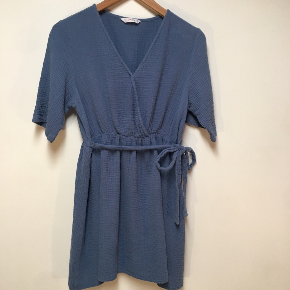 PatPat Wrap Dress Women XL Blue Cotton Gauze Short Sleeve Tie Waist Mini Summer